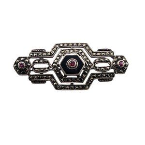 Antique Art Deco Brooch With Marcasite Ruby Gemstone Accents